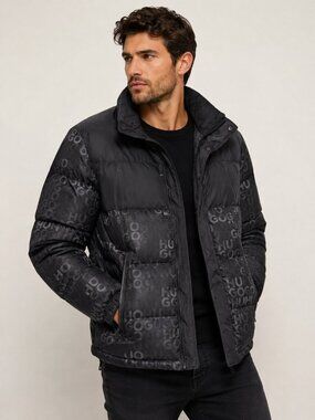 HUGO Hugo Boss Men’s Black Logo Print Puffer Jacket Winter Coat